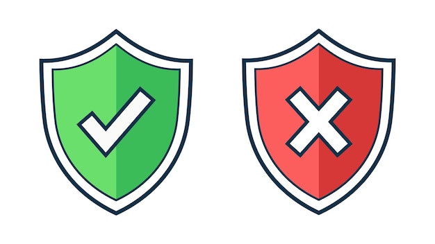 Conjunto de iconos de escudo de seguridad Icones de escudo aprobados y rechazados Símbolos vectoriales planos para la verificación
