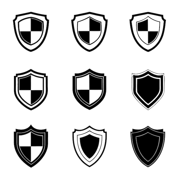Conjunto de iconos de escudo silueta negra y blanca