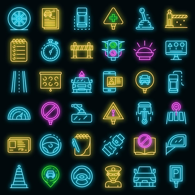 Conjunto de iconos de escuela de conducción. Esquema conjunto de iconos de vector de escuela de conducción color neón en negro