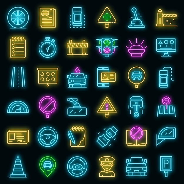 Conjunto de iconos de escuela de conducción. esquema conjunto de iconos de vector de escuela de conducción color neón en negro