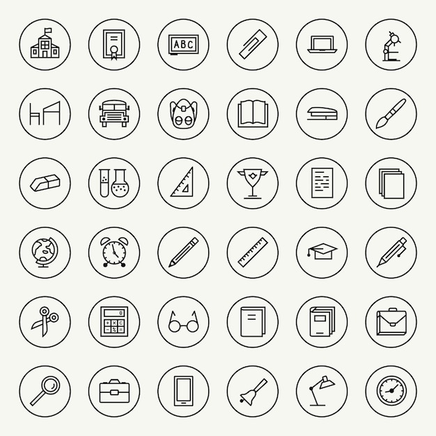 Conjunto de iconos de escuela y educación Útiles escolares estilo de línea aislado sobre fondo blanco Elementos de diseño vectorial signos comerciales logotipos etiquetas de identidad y otros objetos de marca Vector 10 eps