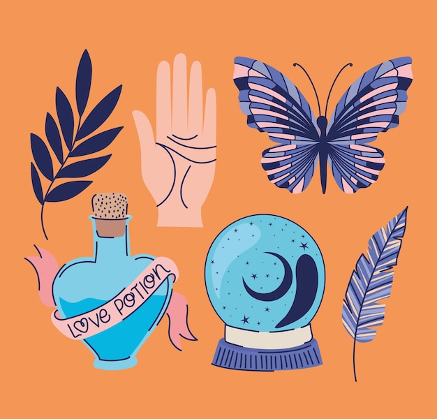 Conjunto de iconos esotéricos en un diseño de ilustración naranja