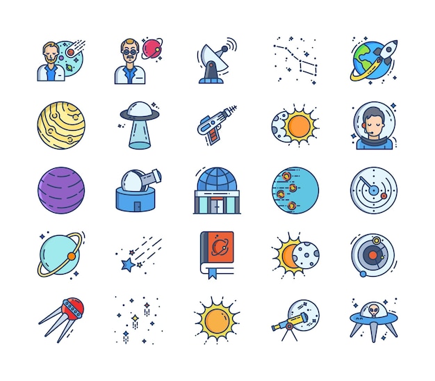 Conjunto de iconos de espacio y astronomía