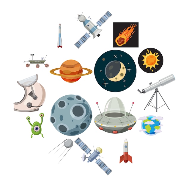 Vector conjunto de iconos de espacio, estilo de dibujos animados