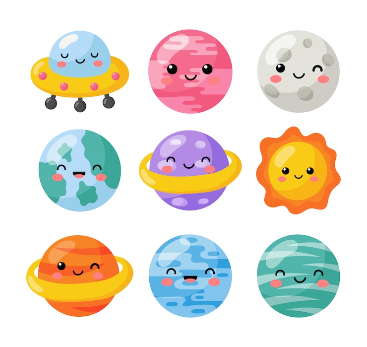 Conjunto de iconos de espacio kawaii. Planetas estilo de dibujos animados. aislado