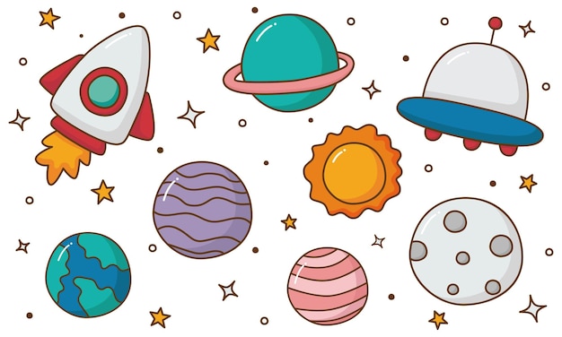 Conjunto de iconos de espacio planetas estilo de dibujos animados aislado