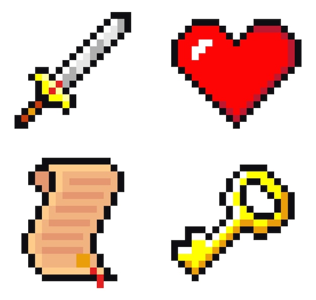 Conjunto de iconos de espada, desplazamiento, corazón y llave. Pixel art aislado sobre fondo blanco.