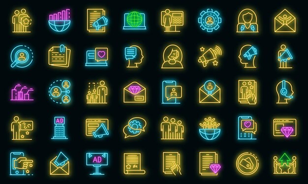 Conjunto de iconos de especialista en relaciones públicas. Esquema conjunto de iconos de vector de especialista en relaciones públicas color neón en negro