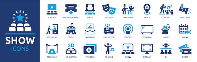 El conjunto de iconos del espectáculo contiene entretenimiento, escenario, reflectores, entradas de cine, teatro, concierto de mago.
