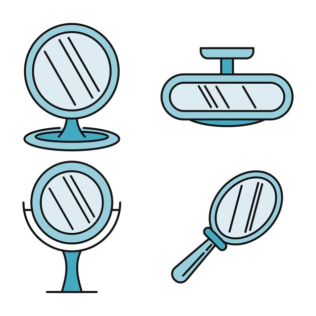 Vector el conjunto de iconos de espejo de belleza es un conjunto de iconas vectoriales de espejos de belleza de línea delgada de color plano sobre blanco.