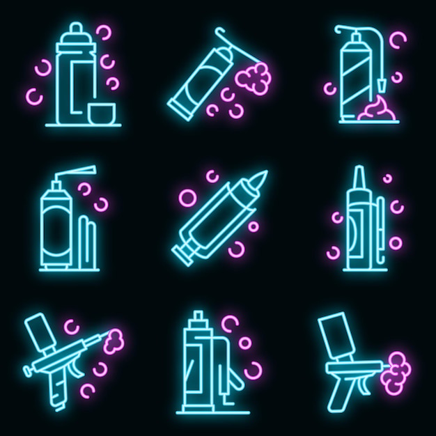 Conjunto de iconos de espuma de poliuretano. Esquema conjunto de iconos de vector de espuma de poliuretano color neón en negro