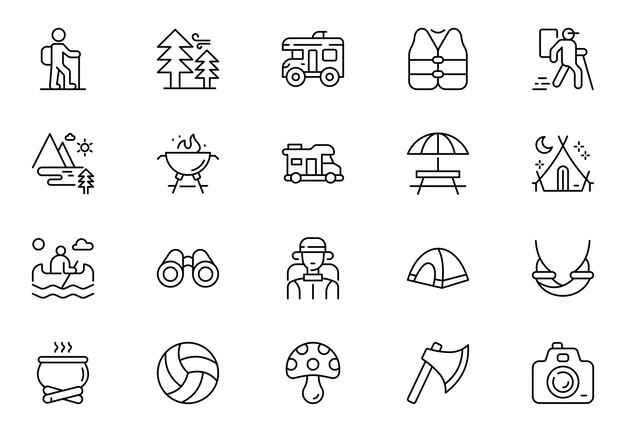 Conjunto de iconos de esquema de campamento serie de turismo de caminata, campamento y viaje Conjunto del icono de línea