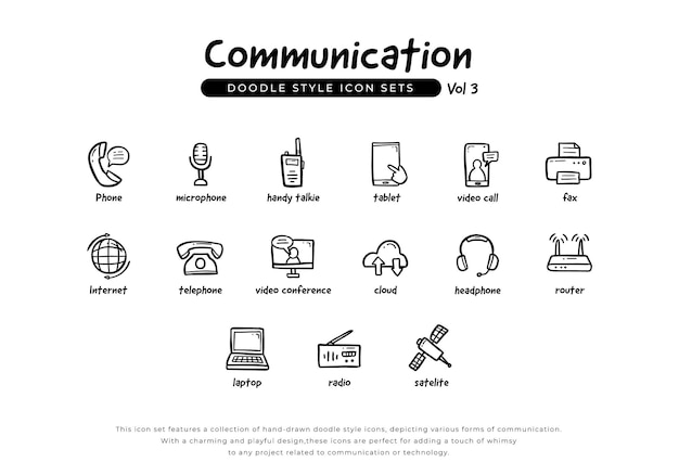 Conjunto de iconos de esquema de comunicación de garabatos estilo divertido y lúdico