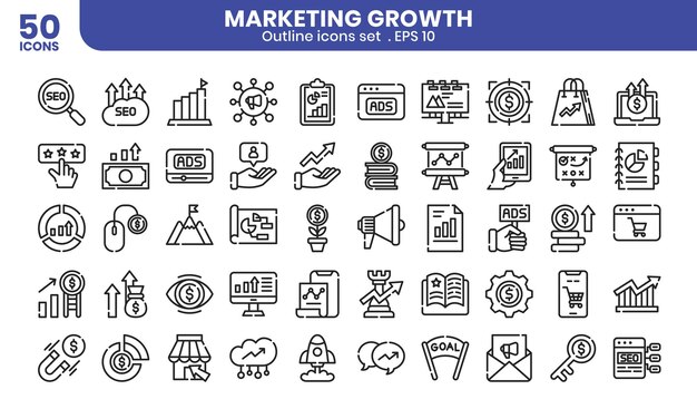 Conjunto de iconos de esquema de crecimiento de marketing