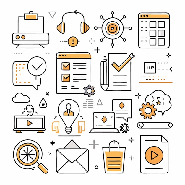 Conjunto de iconos de esquema de la estrategia y los elementos de marketing digital