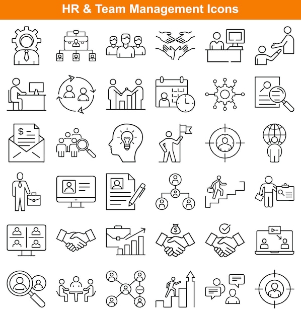Conjunto de iconos de esquema de gestión de recursos humanos y equipos que representan las actividades empresariales esenciales