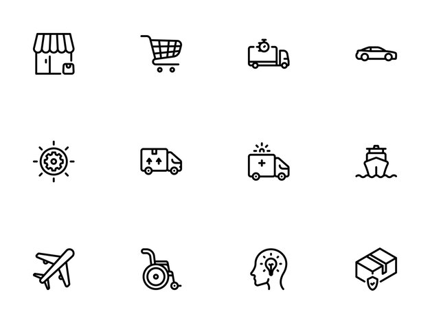 Conjunto de iconos de esquema Logística de compras Transporte y símbolos conceptuales