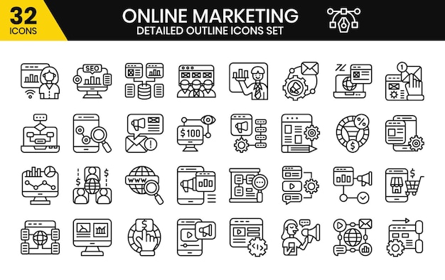 El conjunto de iconos de esquema de marketing en línea La colección