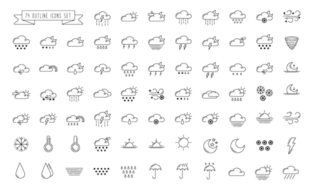 Conjunto de iconos de esquema simple: el clima o el pronóstico canta con nubes, nieve, lluvia, niebla