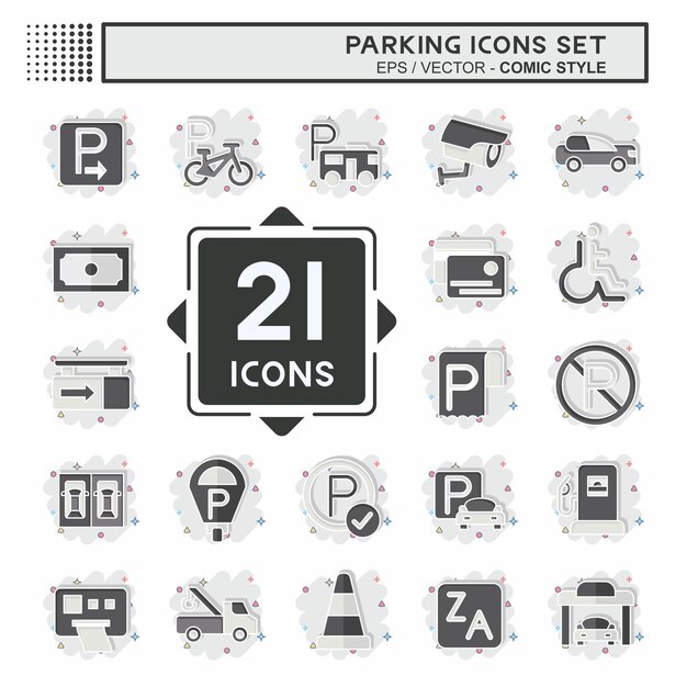 Conjunto de íconos Estacionamiento relacionado con el diseño de estilo cómic del símbolo de transporte editable