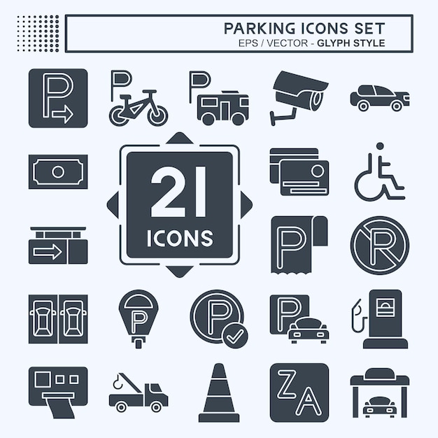 Conjunto de iconos Estacionamiento relacionado con el diseño de estilo de glifo del símbolo de transporte editable