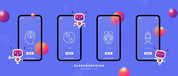 Conjunto de íconos de estado de ánimo Hombre silueta fuego ira agresión cerebro manos propuesta corazón cruz cuidado de la salud gradiente yin yang Controlar su condición concepto estilo Glassmorphism