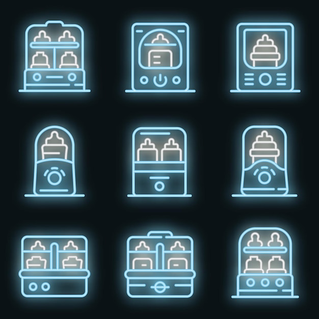 Conjunto de iconos de esterilizador de botella. esquema conjunto de iconos de vector de esterilizador de botella color neón en negro
