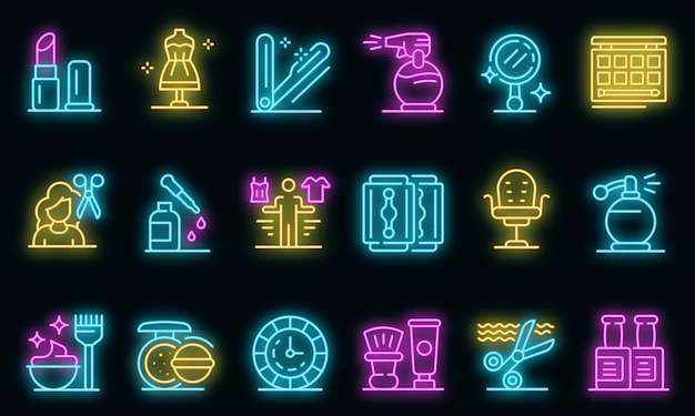 Conjunto de iconos de estilista. Esquema conjunto de iconos de vector de estilista color neón en negro
