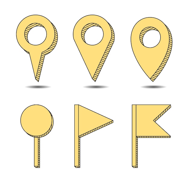 Conjunto de iconos de estilo de dibujos animados de ubicación de pin de mapa vectorial