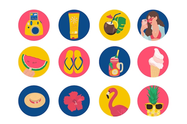 Conjunto de íconos de estilo de dibujos animados de verano para historias de redes sociales, portadas destacadas Colección Summertime