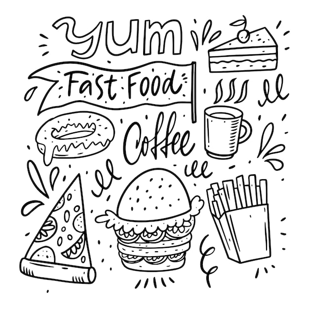 Conjunto de iconos de estilo doodle de comida rápida línea dibujada a mano arte vector ilustración clipart