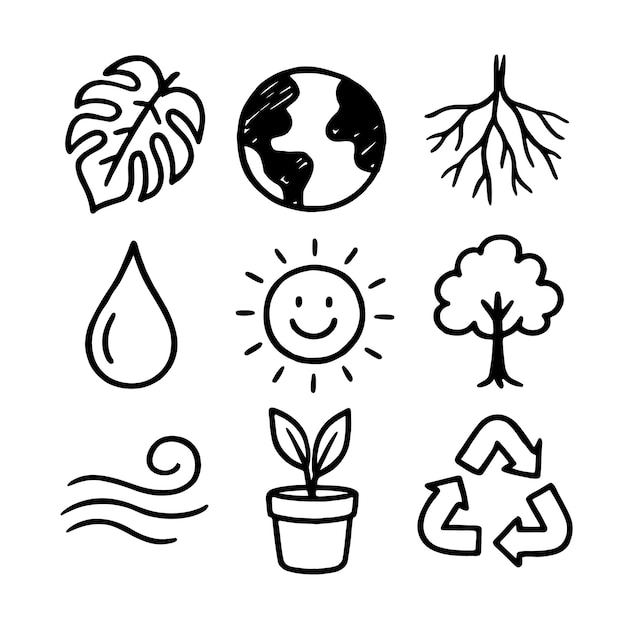 Conjunto de iconos de estilo Doodle para el diseño ambiental dibujados a mano de la naturaleza y los elementos ecológicos