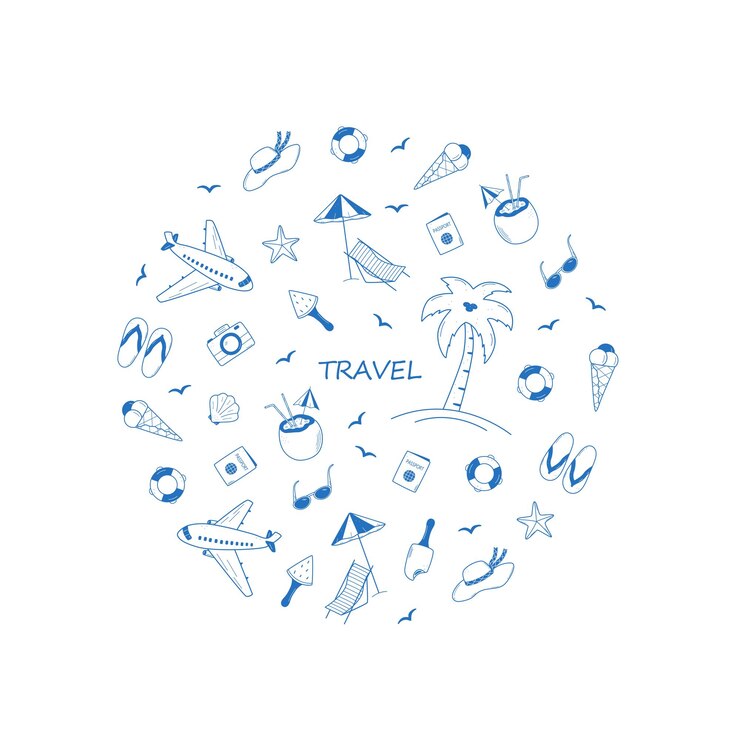 Conjunto de iconos de estilo doodle de viajes de verano Ilustración vectorial de los elementos del turismo y las vacaciones en la playa