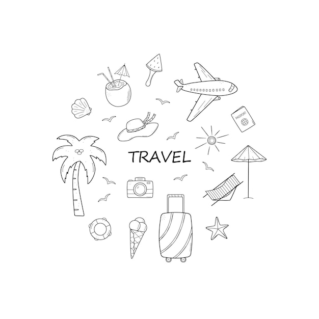 Conjunto de iconos de estilo doodle de viajes de verano Ilustración vectorial de los elementos