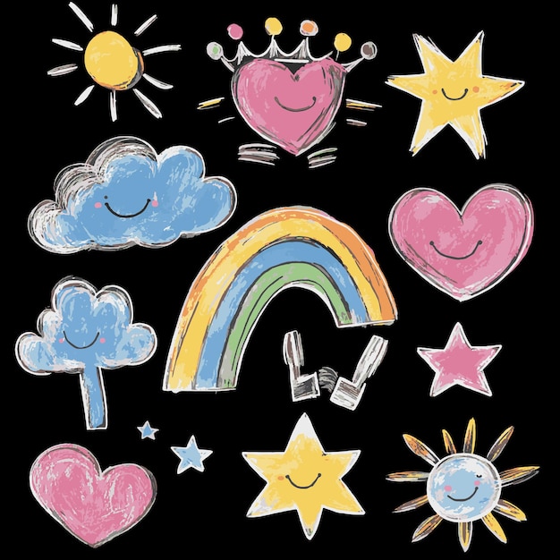 Conjunto de iconos de estilo lápiz de niño dibujado a mano Ilustración de corona de corazón arco iris lindo