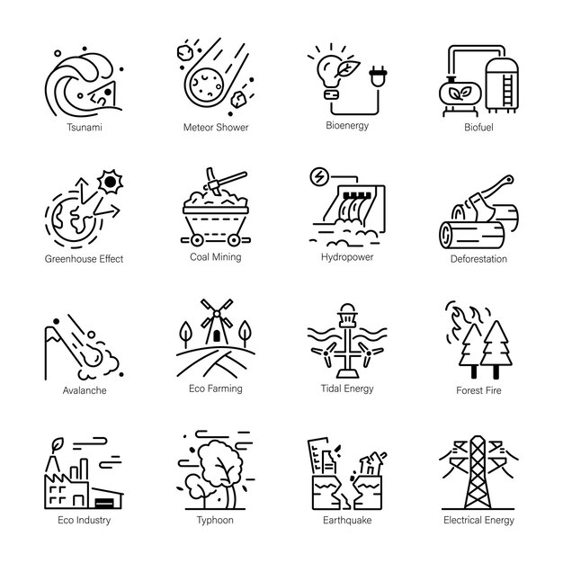 Conjunto de iconos de estilo de línea de crisis climática