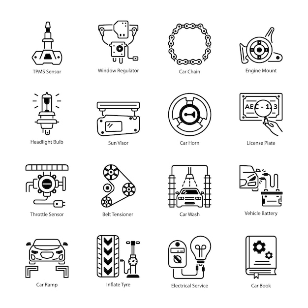 Conjunto de iconos de estilo de la línea de piezas de repuesto de automóviles