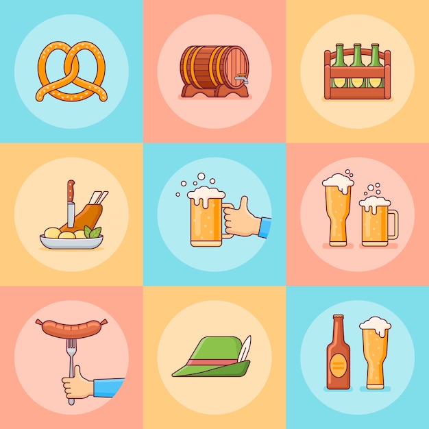 Conjunto de iconos de estilo de línea plana de Oktoberfest.