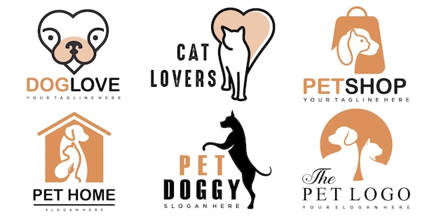 Conjunto de iconos de estilo de mascota conjunto de diseño de logotipo para veterinario de hotel de tienda de mascotas