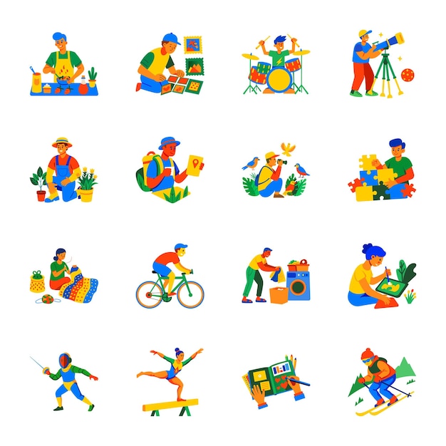Conjunto de iconos de estilo plano de actividades divertidas