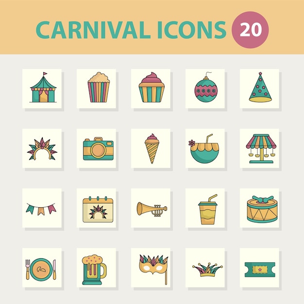 Conjunto de iconos de estilo plano Carnival Festival 20 en fondo cuadrado
