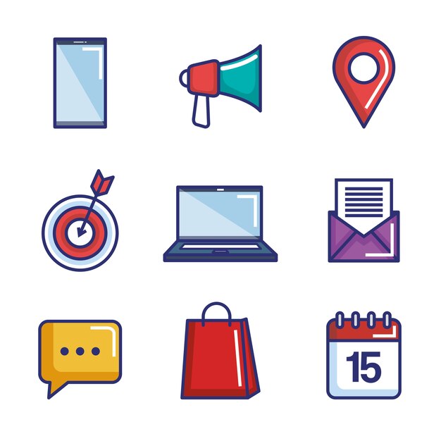 Conjunto de iconos de estrategia de medios y marketing digital