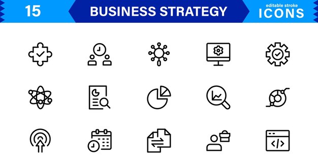 Conjunto de iconos de estrategia de negocios profesional con análisis de planificación, objetivos, innovación y crecimiento en un estilo de vector mínimo limpio