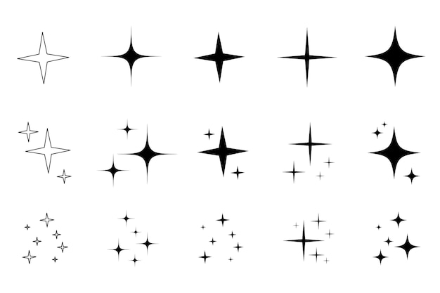 Conjunto de iconos de estrella de brillo de brillo. Silueta negra de estrella centelleante para brillo, luz brillante, efecto de destello mágico. Ilustración de vector aislado.