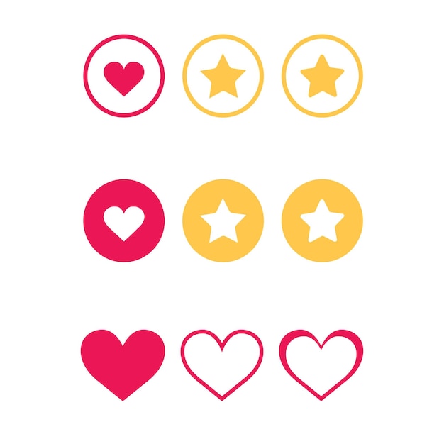 Conjunto de iconos de estrella y corazón Comentarios positivos y botones de "me gusta" en diferentes formas y botones