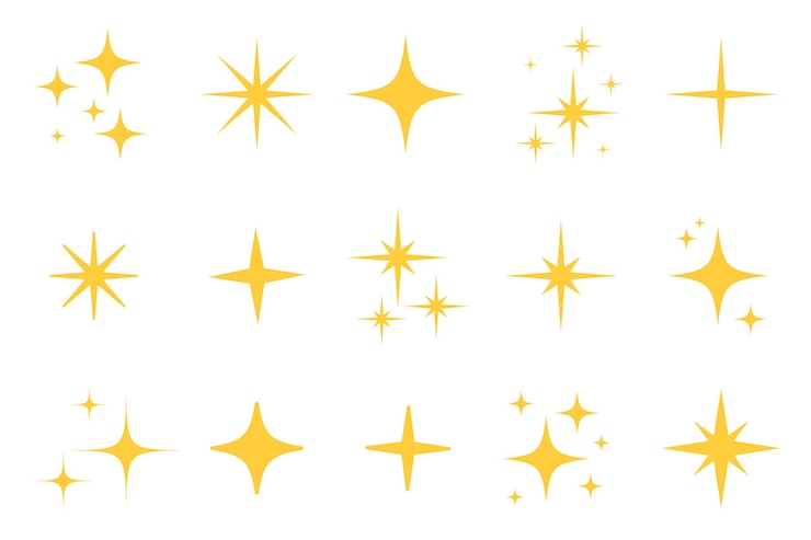 Vector conjunto de iconos de estrella plana de brillo flash. silueta de estrella centelleante para brillo dorado, luz de brillo amarillo, efecto de destello mágico brillante. ilustración de vector aislado.