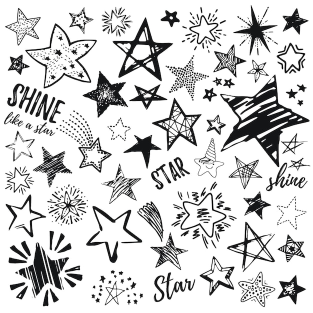 Conjunto de iconos de estrellas boceto dibujado a mano doodle ilustración vectorial Símbolo negro con tinta de pluma de pincel Aislado sobre fondo blanco Conjunto dibujado a mano de moda fresco para la tarjeta de diseño de tela con estampado textil de logotipo