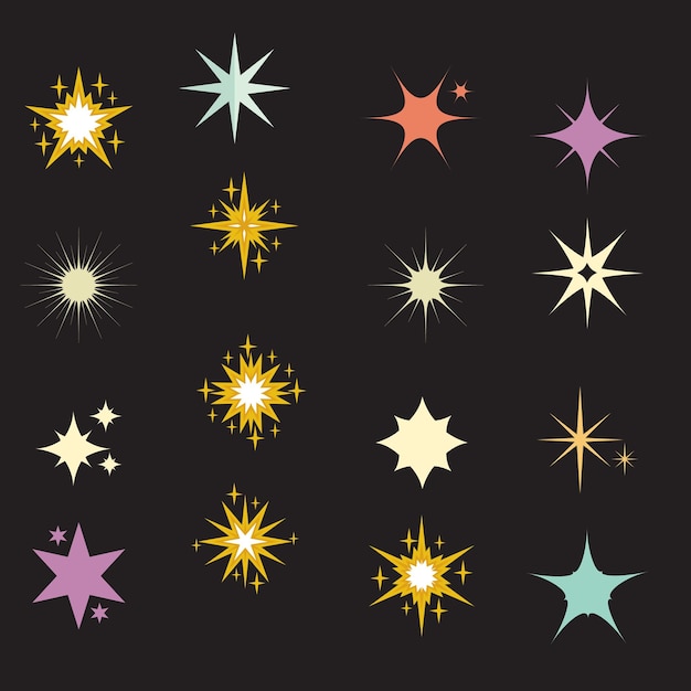 Conjunto de iconos de estrellas brillantes Diferentes formas de estrellas Colección de iconos brillantes retro futuristas Conjunto