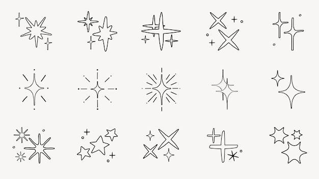 Conjunto de iconos de estrellas y chispas Varias formas de estrellas diseños de chispas y patrones parpadeantes Arte de líneas simples de estrellas ychispas en diferentes estilos Conjunto vectorial de elementos