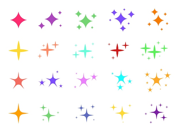 Conjunto de iconos de estrellas de destellos Diferentes formas de fuegos artificiales brillantes brillo mágico centelleo decoración de resplandor de sol Efecto de destello de luz brillante Espacio de cielo estrellado Chispa brillante explosión explosión de resplandor